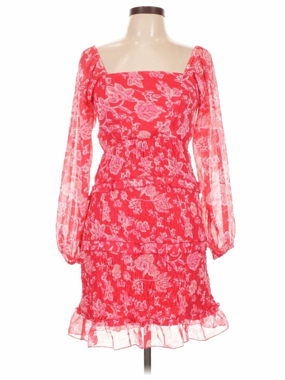 New Sim & Sam Sz S Red Pink Floral Square-Neck Long Sleeve Mini Dress